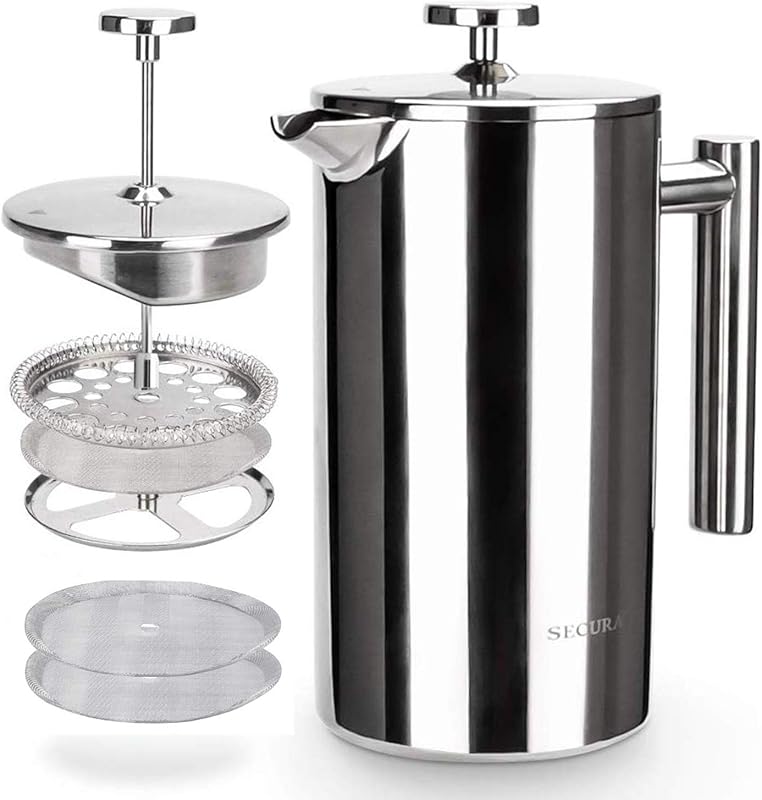 Secura 34oz 304 Stainless Steel Insulated French Press with Two Extra