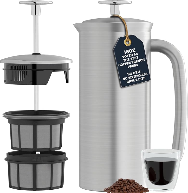 ESPRO P7 18oz Brushed Stainless Steel French Press, Patented Double Wa