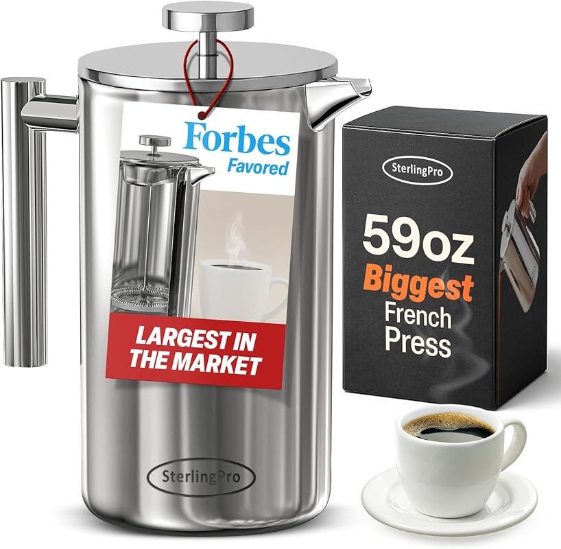 Stainless Steel 1.75 L (59 oz) French Press Coffee Maker, Double-Walle