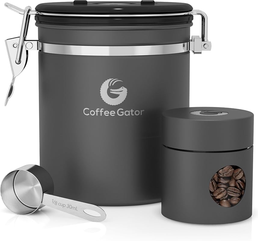 Coffee Gator 16oz Stainless Steel and 4oz Glass Airtight Coffee Canist