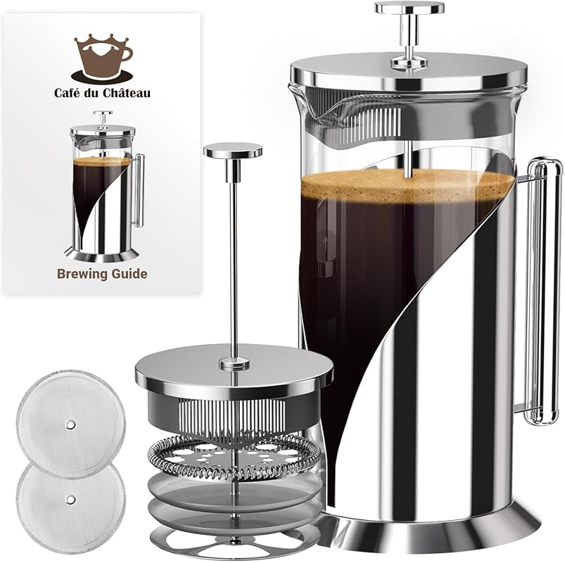 Cafe Du Chateau 34oz Stainless Steel French Press Coffee Maker with 4-