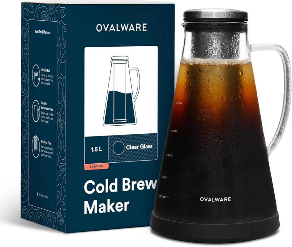OVALWARE 51oz Airtight Cold Brew Coffee and Iced Tea Maker Pitcher wit