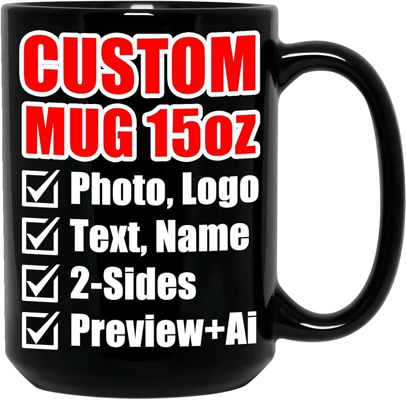 Personalized 15oz Black Ceramic Coffee Mug with Custom Photo, Text, Na