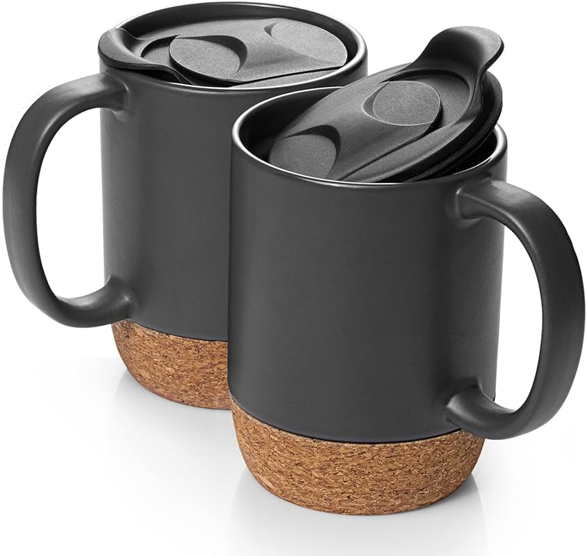 DOWAN Large 15 oz Ceramic Coffee Mugs Set of 2 with Cork Bottom and Sp