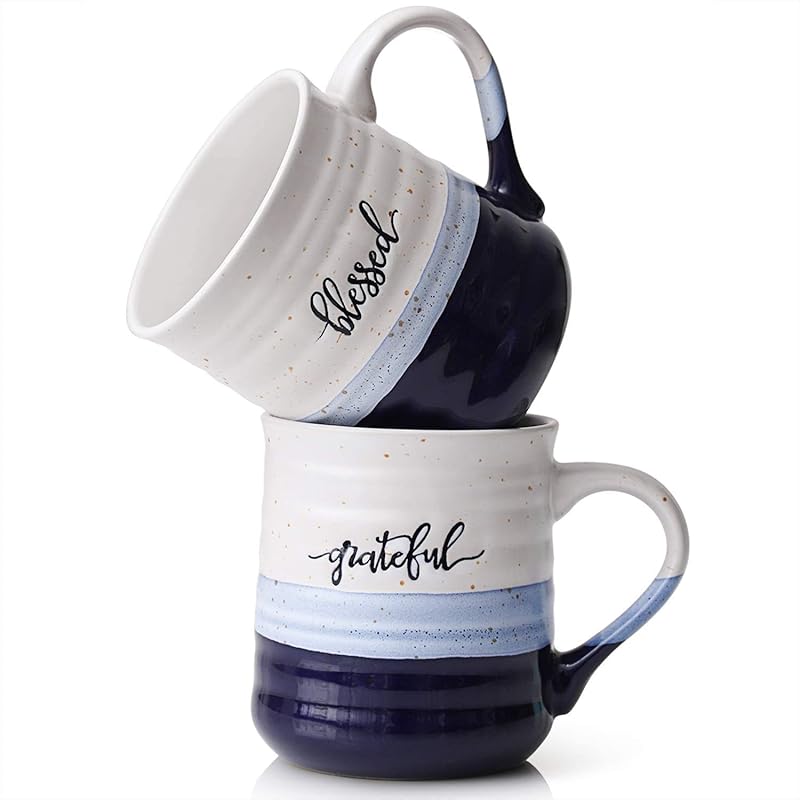DOWAN Set of 2 Large 20 oz Porcelain Coffee Mugs with Blessed Grateful