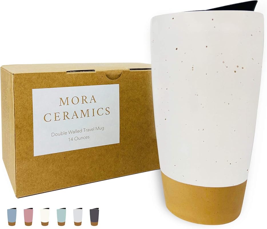 Mora 14 oz Double Wall Ceramic Coffee Travel Mug with Lid, Insulated, 