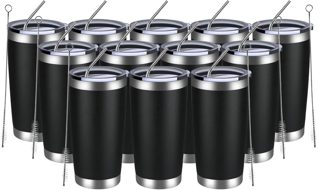 MEWAY 20oz Black Tumbler 12 Pack Double Wall Vacuum Insulated Stainles