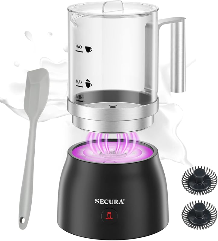 Secura 4-in-1 Detachable Milk Frother with Glass Jug, 17oz Electric Wa