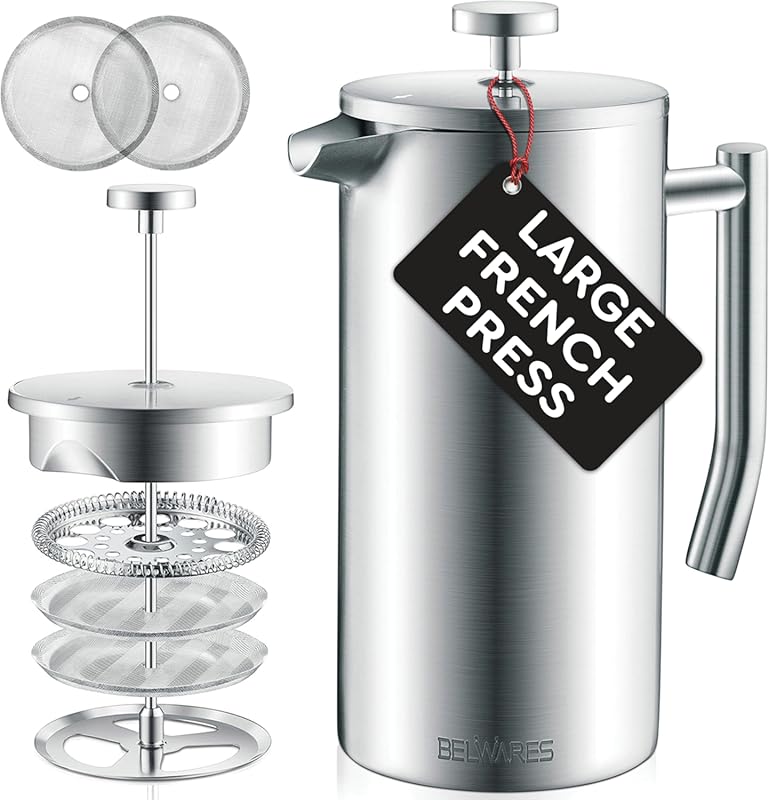 Belwares 50oz French Press Coffee Maker, Large 304 Stainless Steel Dou
