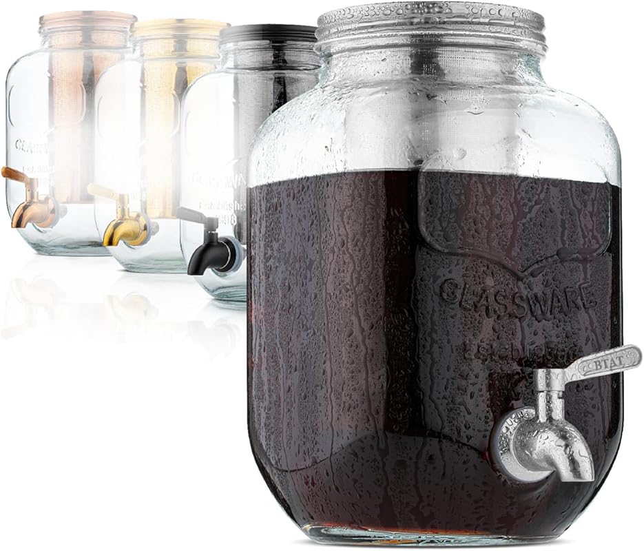 BTaT 1 Gallon Cold Brew Coffee Maker with Thick Glass Pitcher, Stainle