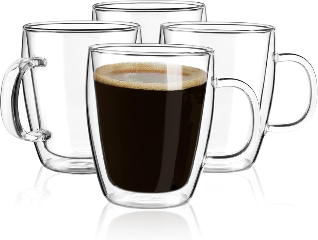 YUNCANG Double Wall Coffee Mugs 16 oz, Set of 4 Clear Insulated Glass