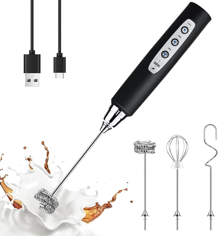YUSWKO Rechargeable Black Handheld Milk Frother with 3 Heads and 3 Spe