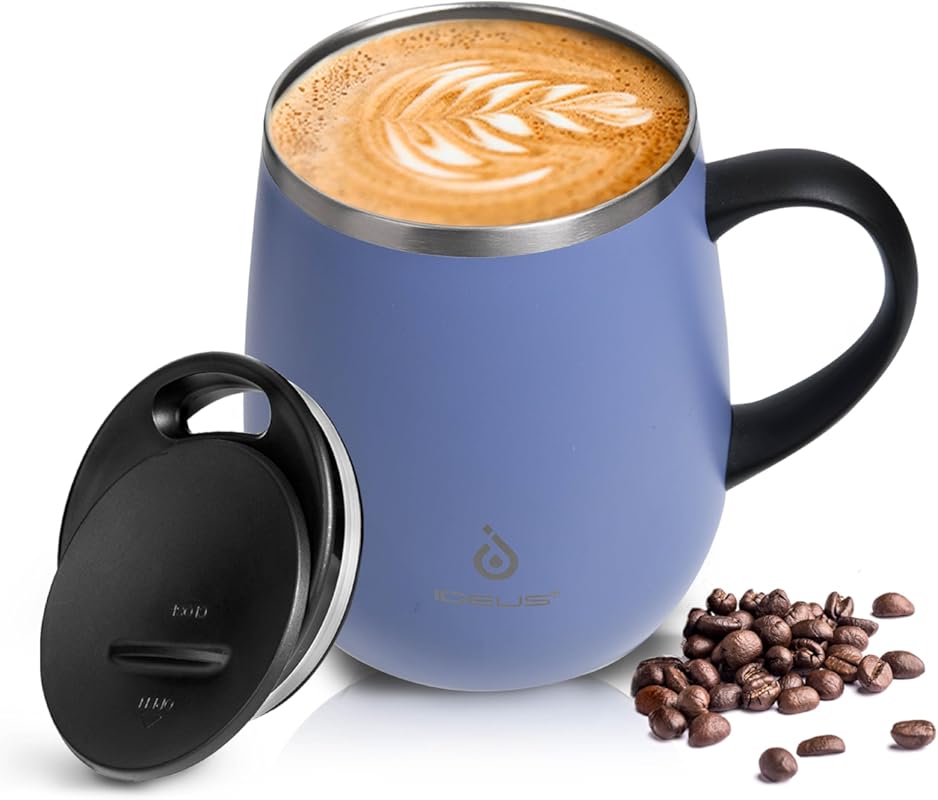 Ideus 16oz Ocean Blue Insulated Coffee Mug with Handle and Lid, Double