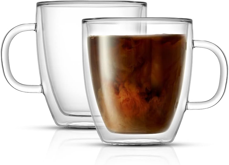JoyJolt Savor Double Wall Insulated Glass Coffee Mugs, Set of 2, 13.5o