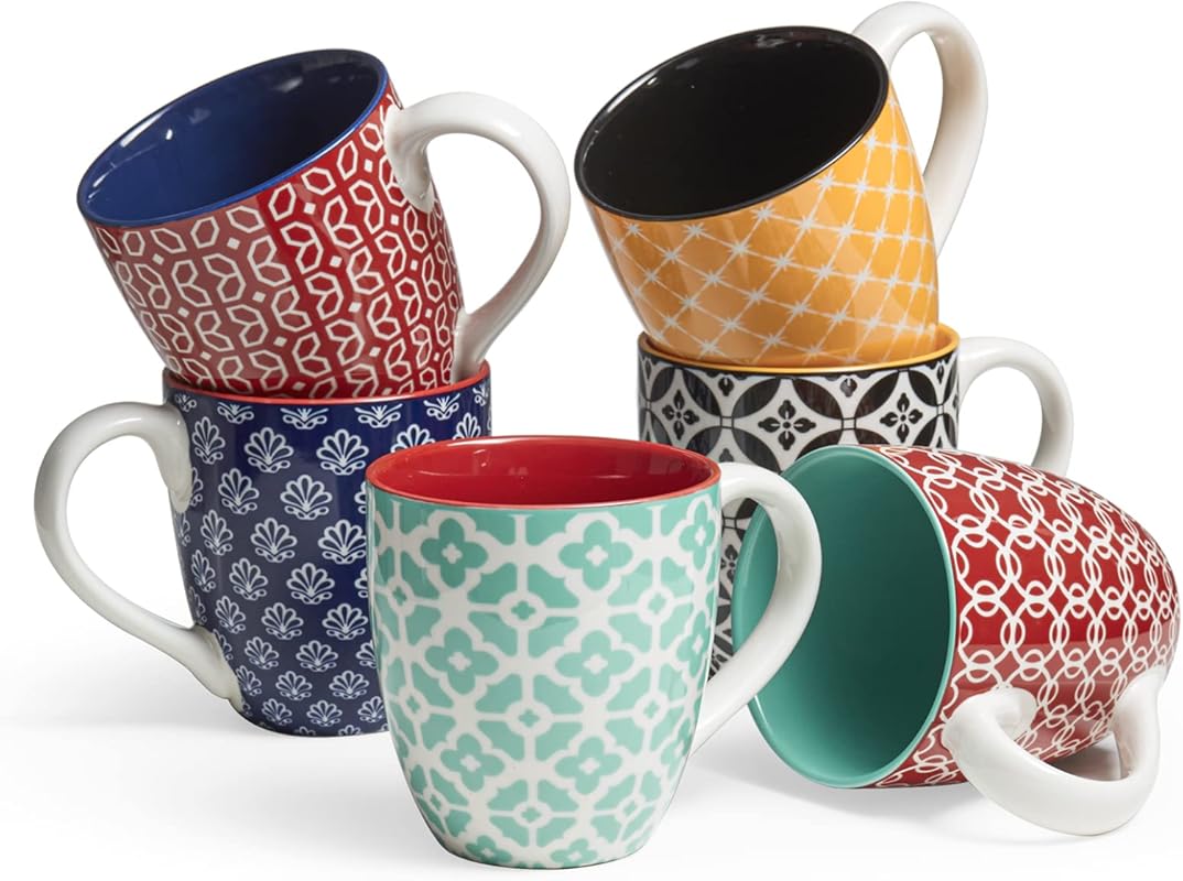 DOWAN Coffee Mugs Set of 6, 16oz Large Porcelain Mugs with Handles, Id