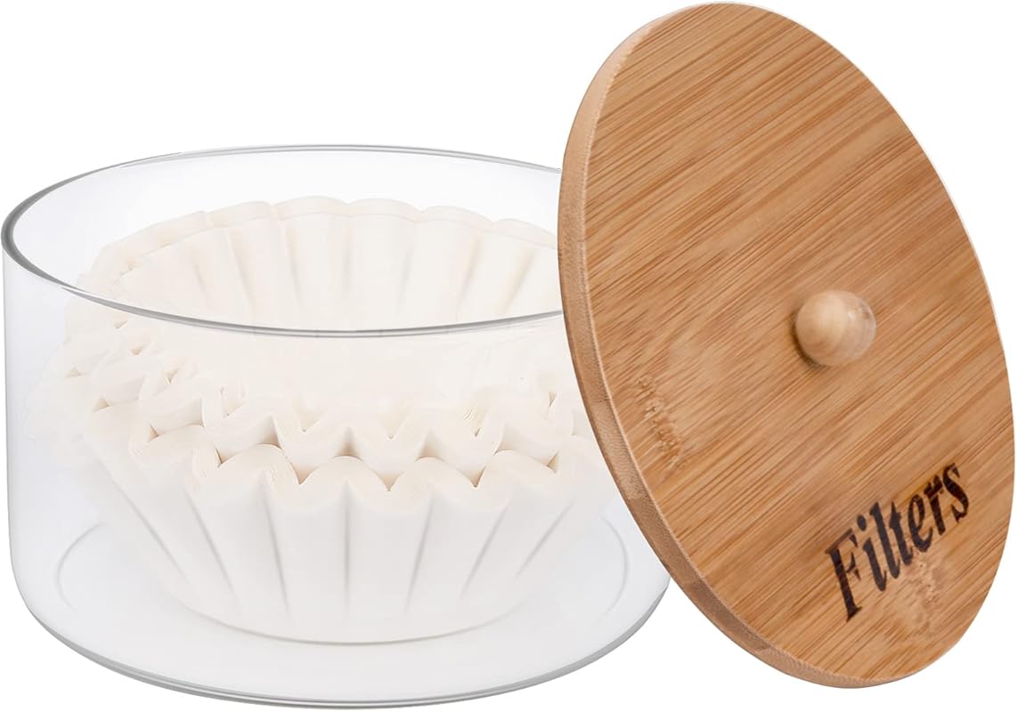 Glass Coffee Filter Holder with Lid, Rustic Coffee Filter Storage Cont