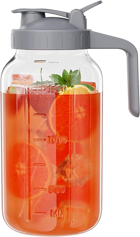 64oz Glass Mason Jar Pitcher with Wide Mouth, Pour Spout, Handle, and