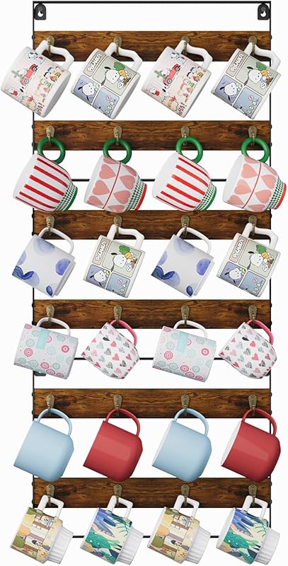 Rustic Wall Mount Coffee Mug Holder Rack with Wood and Iron, Holds Up 
