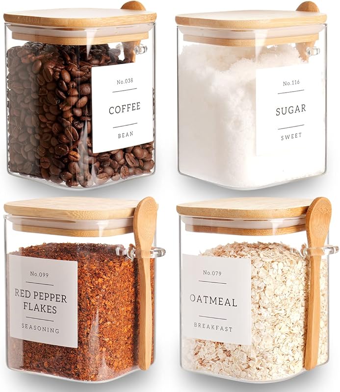 Set of 4 Square 27oz Borosilicate Glass Jars with Bamboo Lids, Spoons,