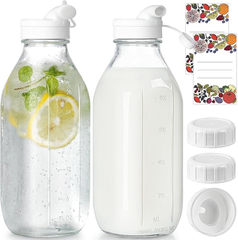 2 Pack 32oz Glass Milk Bottles with Airtight Screw Caps and Dispenser