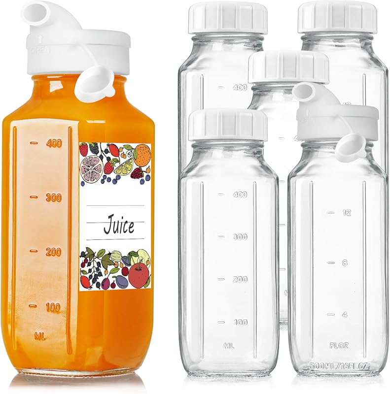 6 Pack 16 Oz Glass Juice Bottles with 2 Pour Spouts, 100% Airtight Hea
