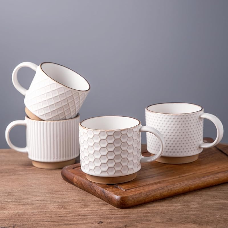 GBHOME 12oz Stackable Ceramic Coffee Mugs Set of 4 with Texture Patter