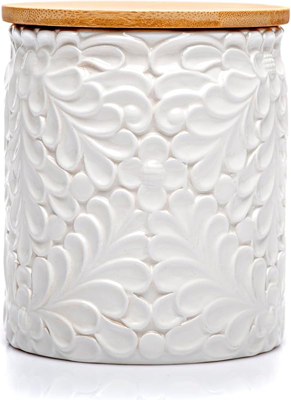Small 30oz Engraved Ceramic Kitchen Canister with Bamboo Airtight Lid,