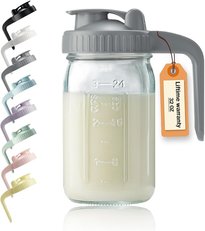 32oz Glass Pitcher with Lid and V-Shaped Pour Spout, Double Leak Proof