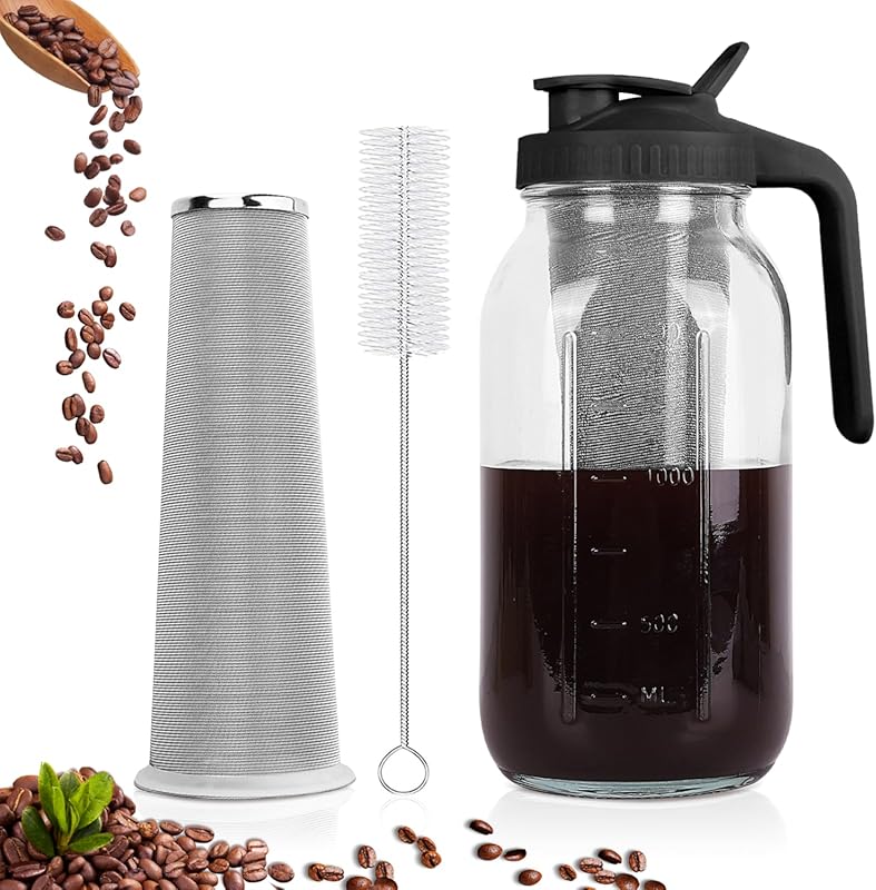 Cold Brew Coffee Maker 64oz Mason Jar Pitcher with Stainless Steel Fil