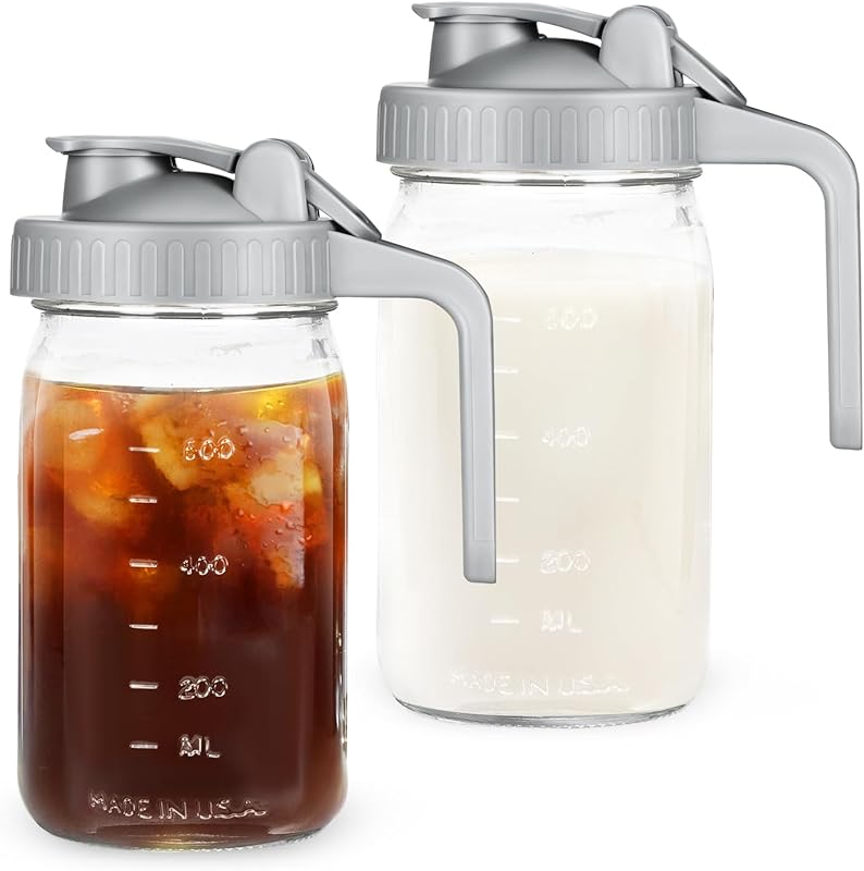 Creamer Pitcher Jar 2 Pack 32 Oz Airtight Mason Jars with Pour Spout L