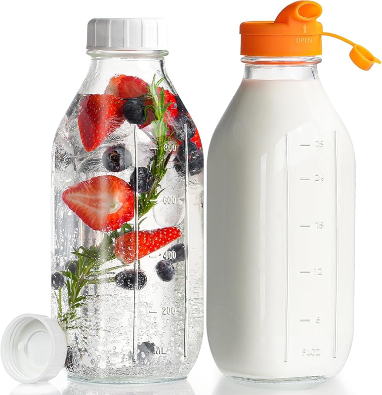 2 Pack 32 Oz Reusable Glass Milk Bottles with Silicone Dispenser Caps,