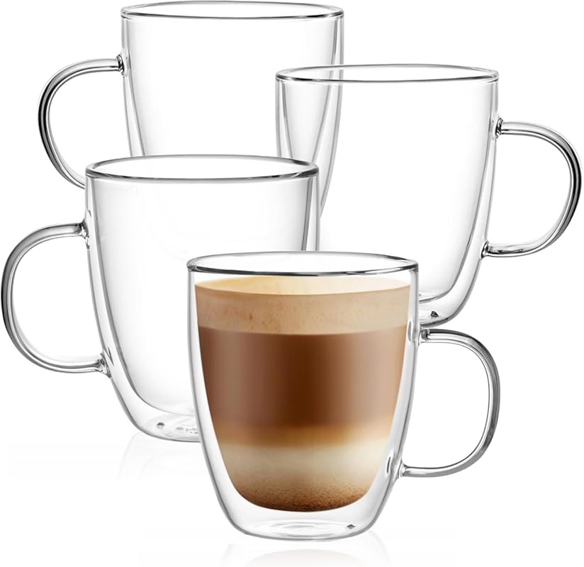 CNGLASS Set of 4 Large 12oz Double Walled Insulated Glass Coffee Mugs 