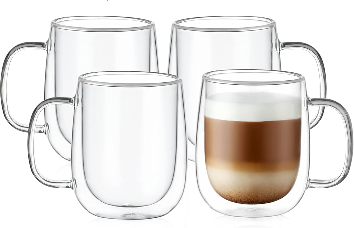 CNGLASS Large Double Wall Glass Coffee Mug Set of 4, 15.2oz Insulated