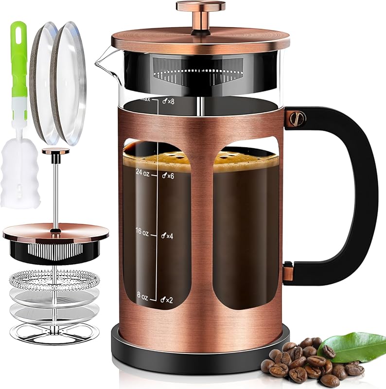 Copper French Press Coffee Maker 34oz with 4-Filters, Heat-Resistant B