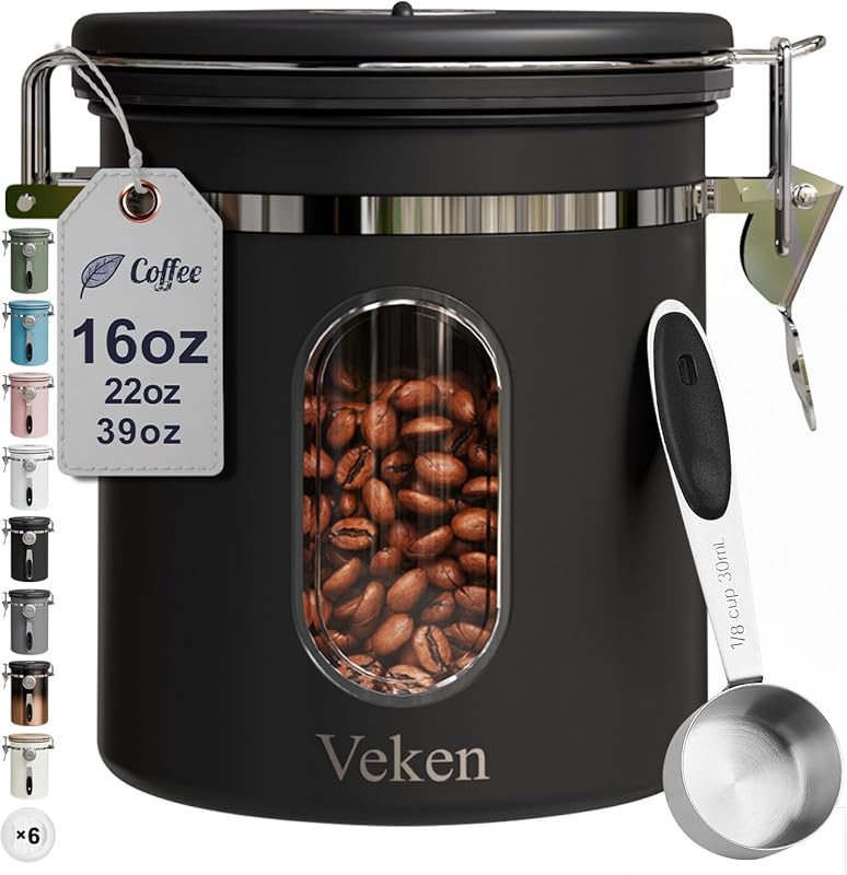 Veken 16oz Airtight Stainless Steel Coffee Canister with Window, Date