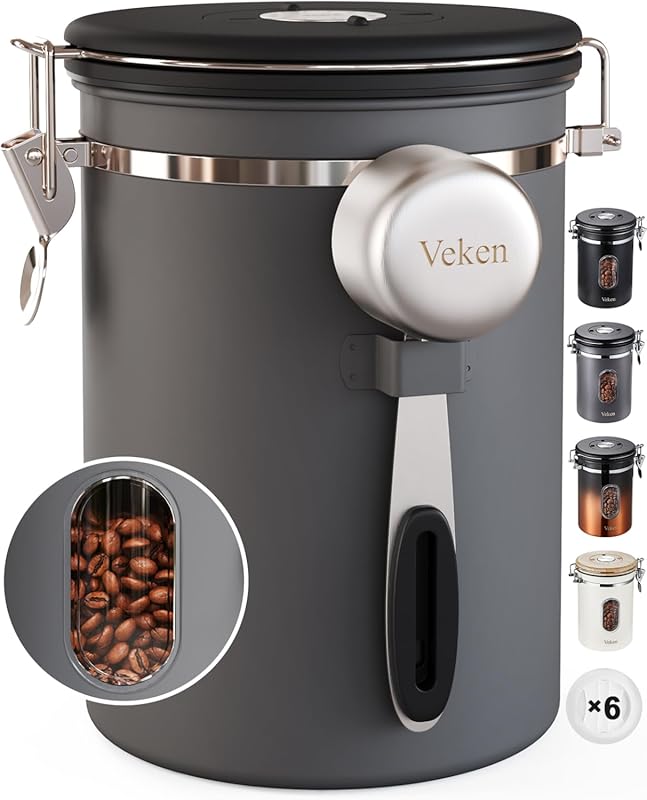Veken 22oz Grey Airtight Stainless Steel Coffee Canister with Window,