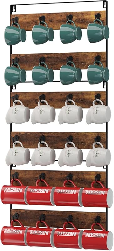 IBUYKE Set of 3 Rustic Wood Wall-Mounted Coffee Mug Racks with 24 Hook