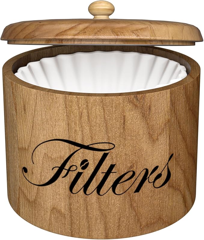 Wooden Coffee Filter Holder with Lid, Round Rustic Coffee Filter Stora