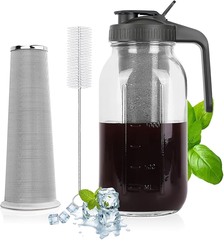 64oz Heavy-Duty Glass Mason Jar Cold Brew Coffee Maker with Stainless