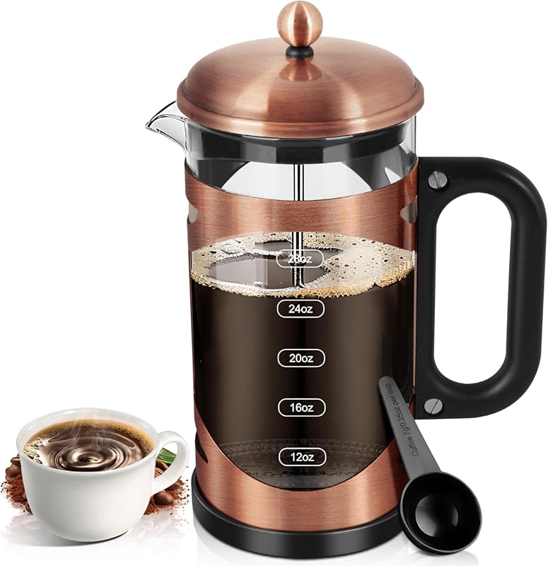 Copper 34oz French Press Coffee Maker with 4-Level Filter, Heat-Resist