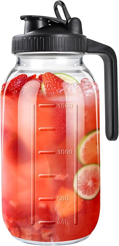 64oz Glass Mason Jar Pitcher with Lid and Spout, Wide Mouth for Cold B