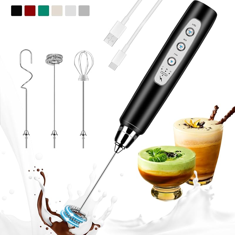 Handheld Rechargeable Milk Frother Wand with 3 Stainless Steel Whisks 