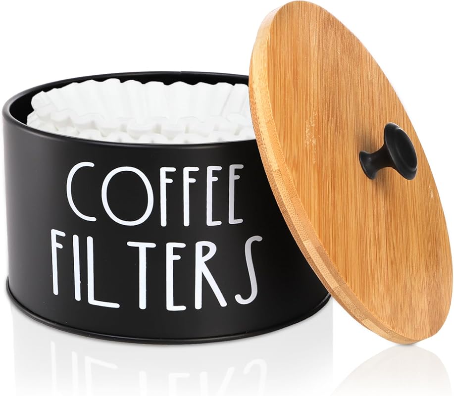 Large Capacity Coffee Filter Holder with Bamboo Lid, Metal Dispenser a