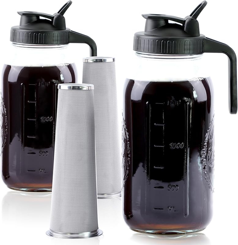 64 Oz Mason Jar Cold Brew Coffee Maker 2 Set with Pour Spout Lids, Hal