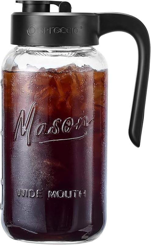 Mason Jar Pitcher 64oz Airtight Leakproof Glass with Pour Spout Lid, I