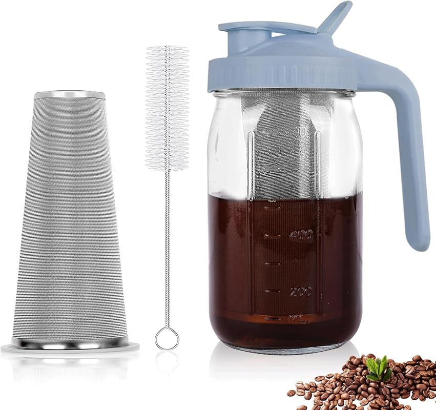 Cold Brew Coffee Maker 32 oz Mason Jar Pitcher with Stainless Steel Fi