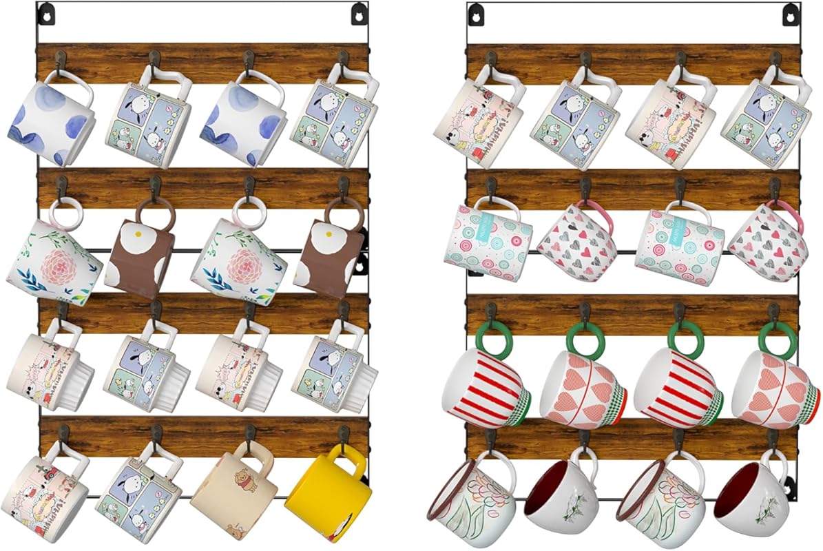 Rustic Wood Wall Mount Coffee Mug Rack, 4-Pack Holds up to 32 Mugs for