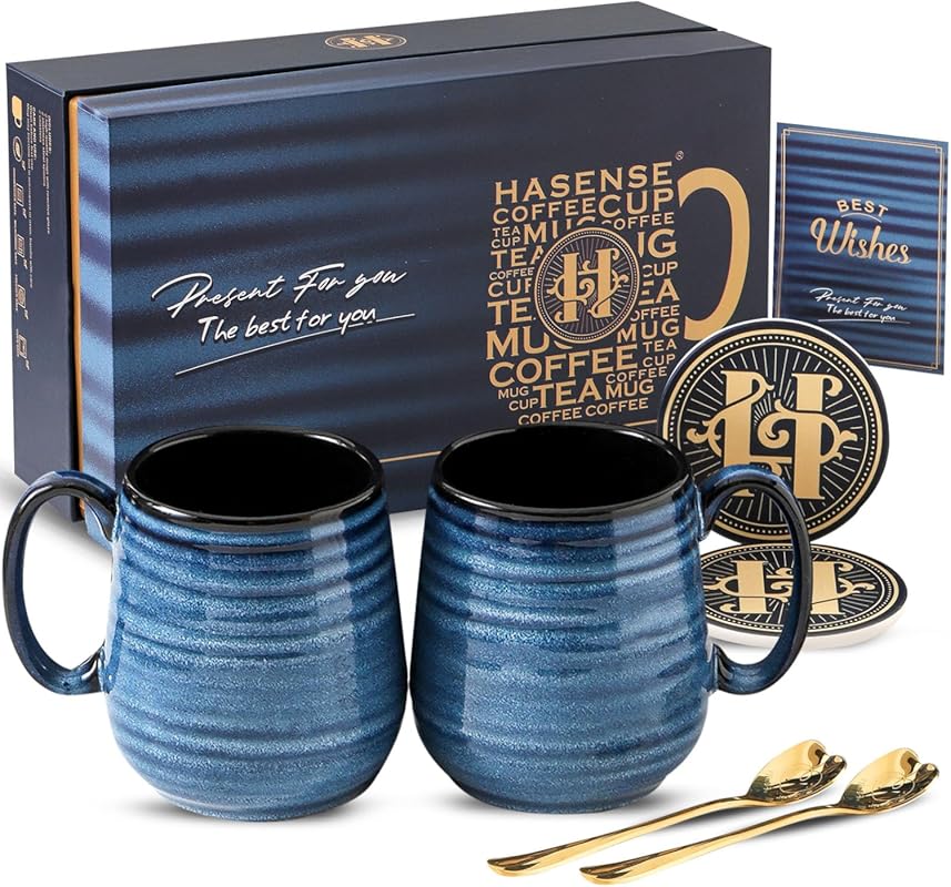 HASENSE 20 oz Ceramic Coffee Mugs Gift Set with Coaster and Gold Spoon