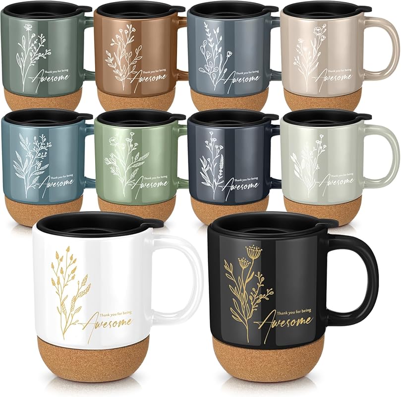 10 Pcs Bulk Non-Slip Cork Bottom Ceramic Coffee Mugs 13.5 oz Employee 