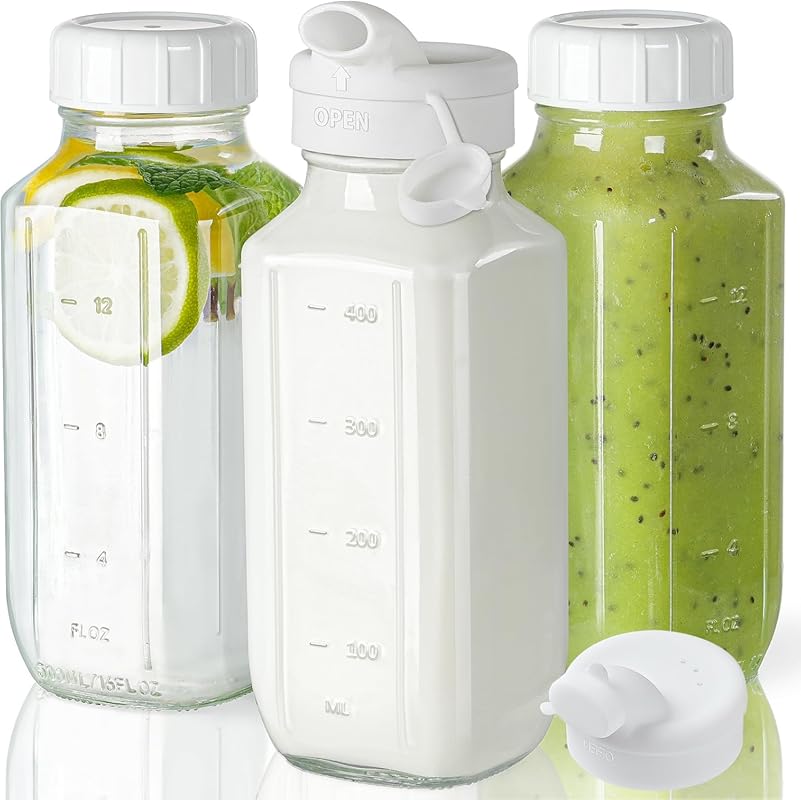 Syntic 3 Pack 16 Oz Glass Juice Bottles with 2 Pour Spouts, Airtight C